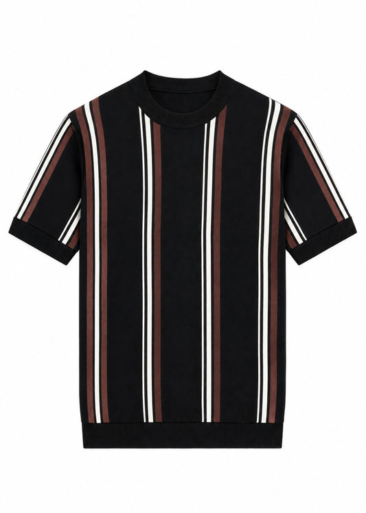 Short Sleeve Crew Neck Block Stripe Top in Black & Brown