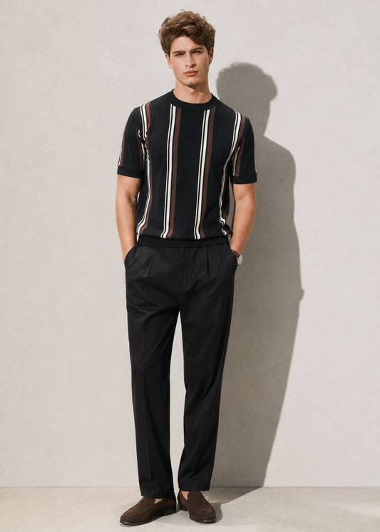 Short Sleeve Crew Neck Block Stripe Top in Black & Brown