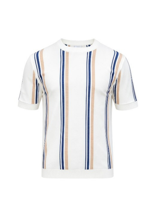 Short Sleeve Crew Neck Block Stripe Top in White & Blue