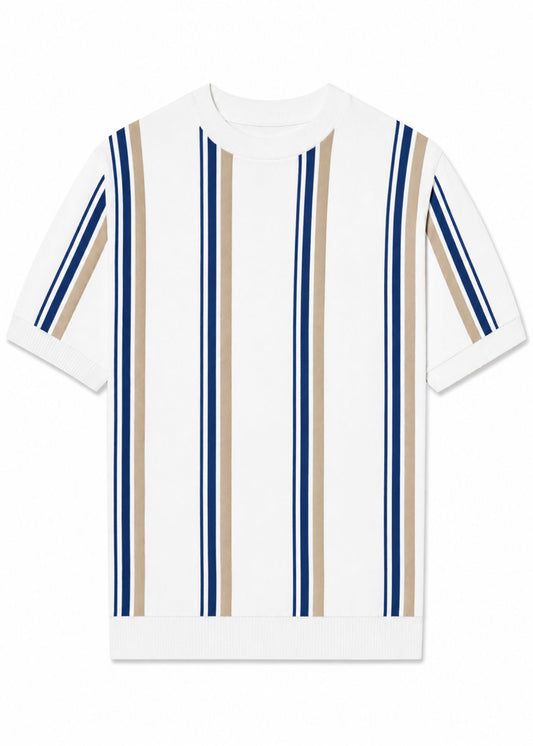 Short Sleeve Crew Neck Block Stripe Top in White & Blue