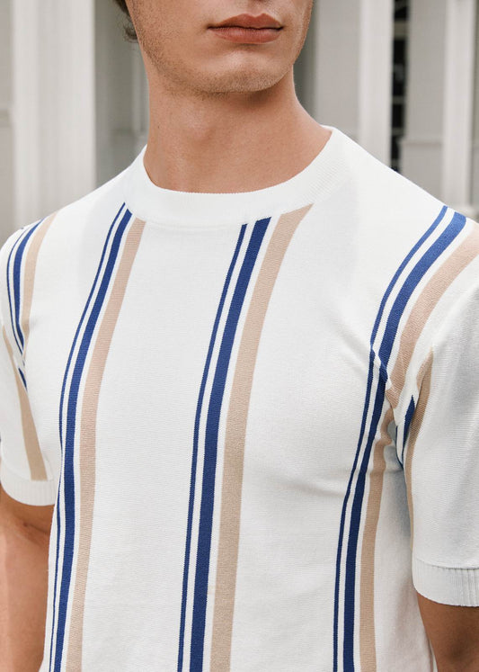 Short Sleeve Crew Neck Block Stripe Top in White & Blue