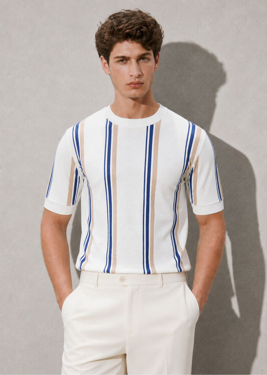 Short Sleeve Crew Neck Block Stripe Top in White & Blue