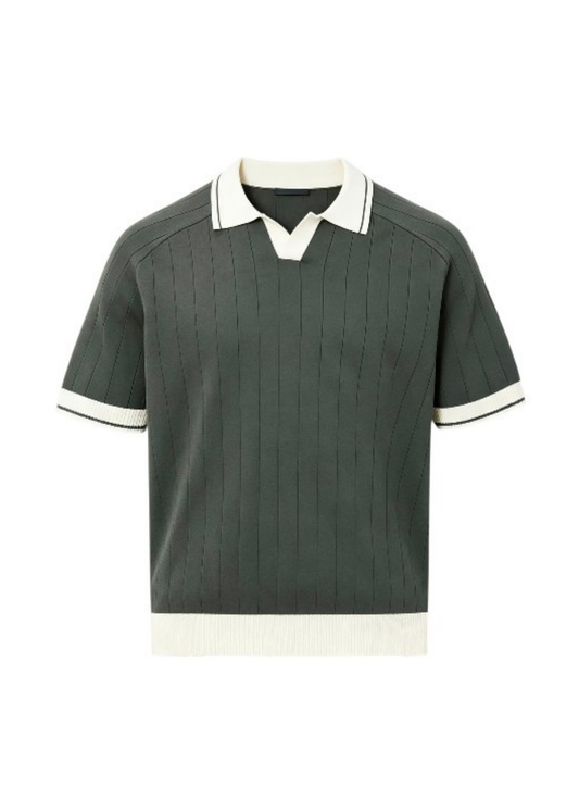 Open Collar Relaxed Fit Breathable Polo Shirt in Green & Cream