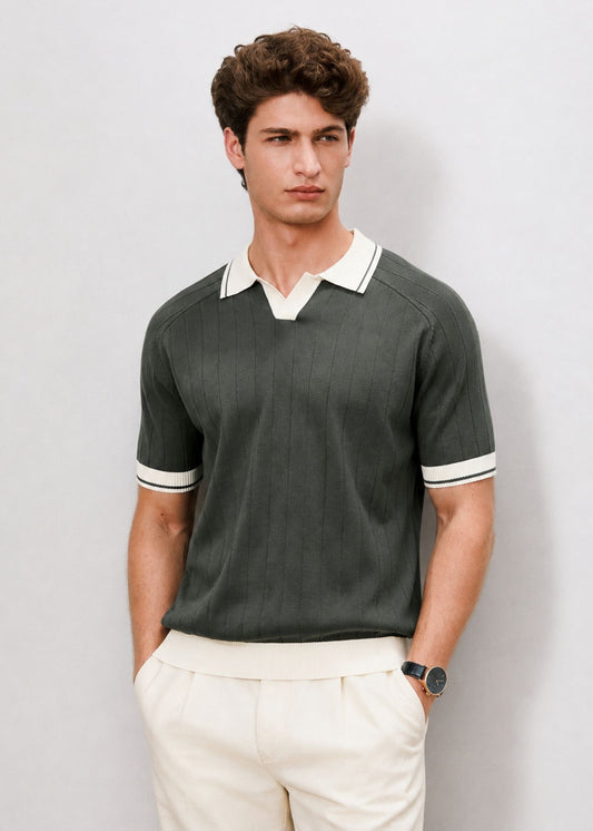 Open Collar Relaxed Fit Breathable Polo Shirt in Green & Cream