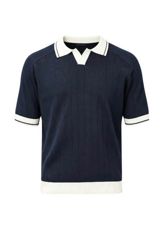 Open Collar Relaxed Fit Breathable Polo Shirt in Navy & Cream
