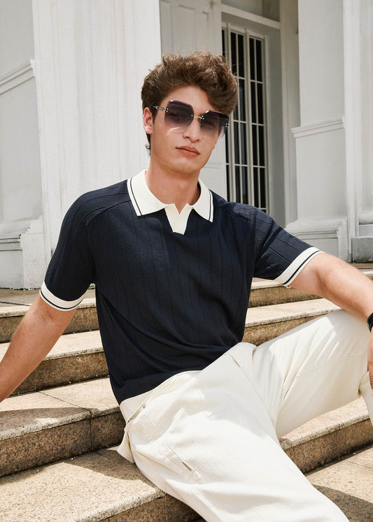 Open Collar Relaxed Fit Breathable Polo Shirt in Navy & Cream