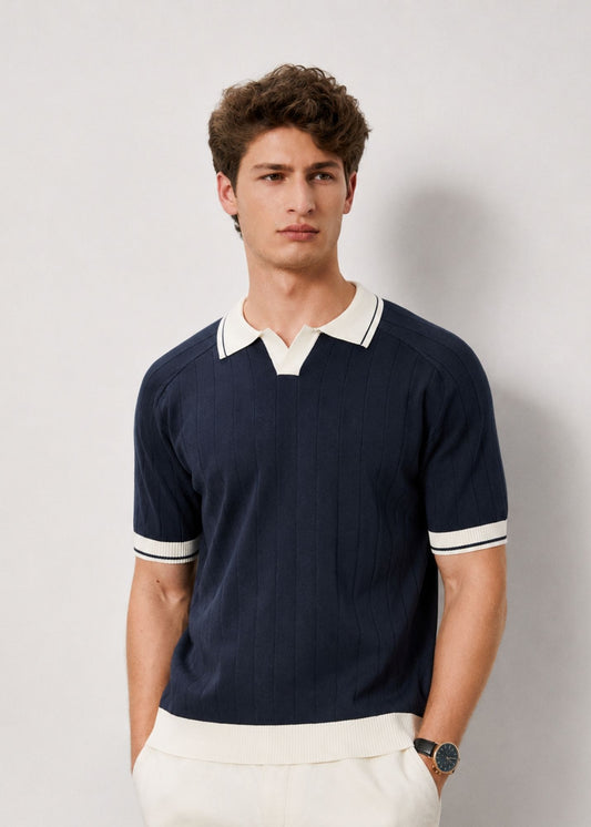 Open Collar Relaxed Fit Breathable Polo Shirt in Navy & Cream