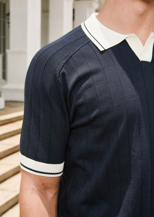 Open Collar Relaxed Fit Breathable Polo Shirt in Navy & Cream