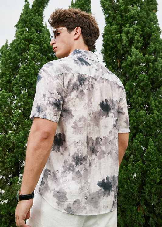 Summer Casual Printed Pattern Shirt in White & Grey