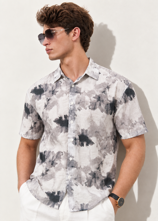 Summer Casual Printed Pattern Shirt in White & Grey