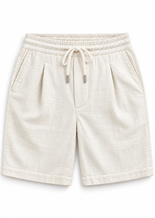 Drawstring Pleated Relaxed Fit Elastic Waist Shorts - Cream