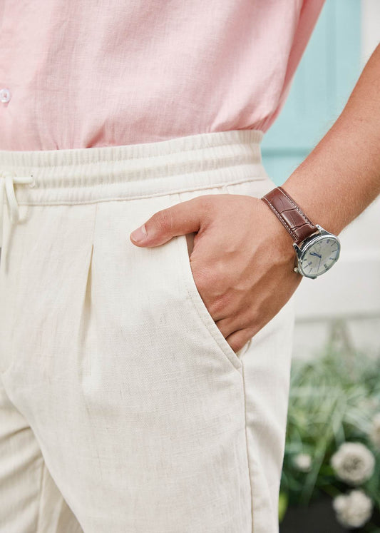 Drawstring Pleated Relaxed Fit Elastic Waist Shorts - Cream