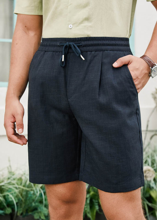 Drawstring Pleated Relaxed Fit Elastic Waist Shorts - Navy