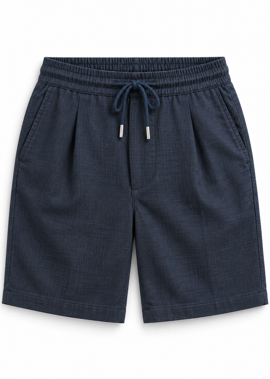 Drawstring Pleated Relaxed Fit Elastic Waist Shorts - Navy
