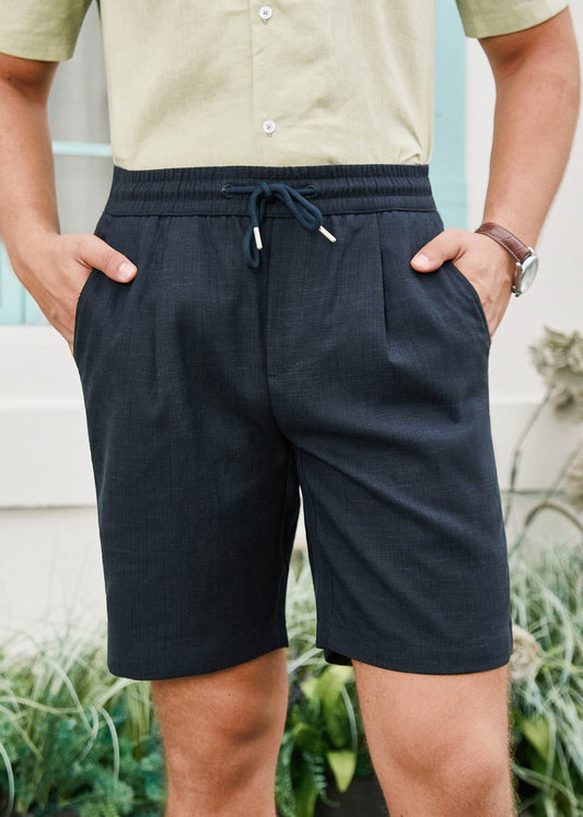 Drawstring Pleated Relaxed Fit Elastic Waist Shorts - Navy