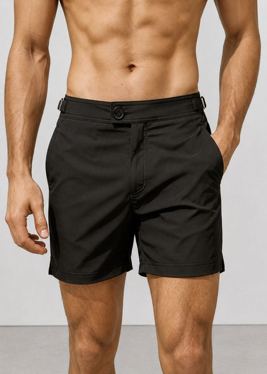 Classic Plain Black Long Length Swim Shorts With Adjustable Waist