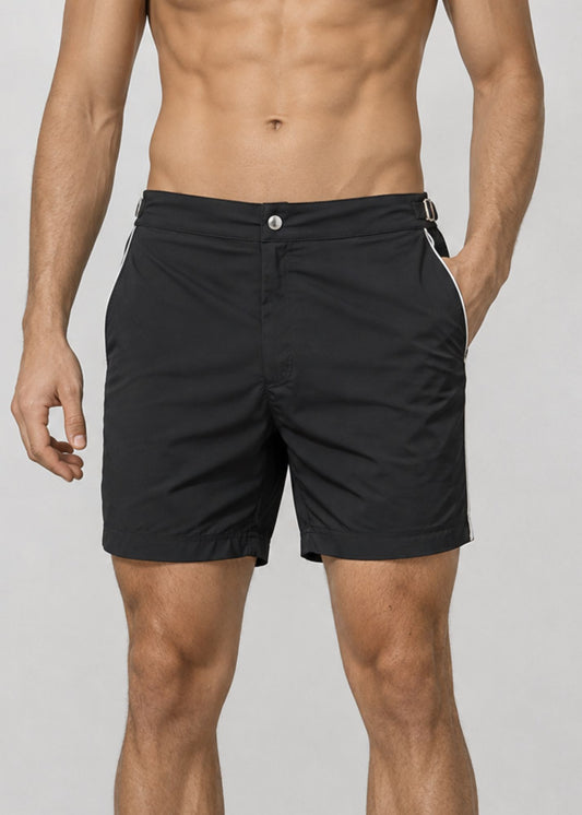 Long Length Black Plain Swim Shorts With Contrast Piping