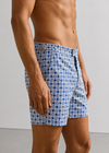 Long Length Octagon White Teal Print Swim Shorts With Adjustable Waist