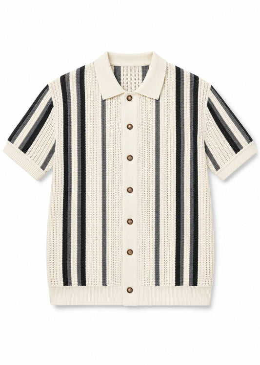 Grey & Black Striped Fine-Knit Polo Shirt - White