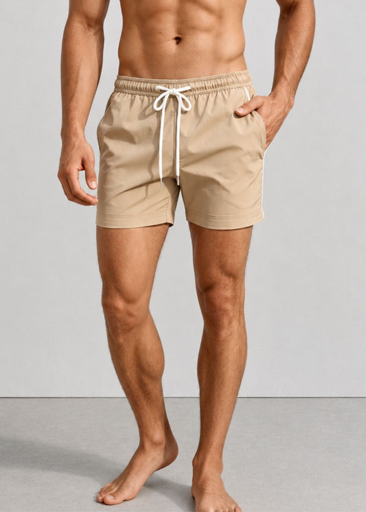 Mocha Plain Tailored Swim Shorts with Contrast Piping
