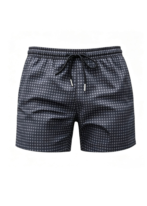 Mid Length Black Polka Dot Swim Shorts  with Drawcord