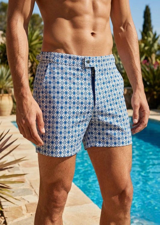 Long Length Octagon White Teal Print Swim Shorts With Adjustable Waist